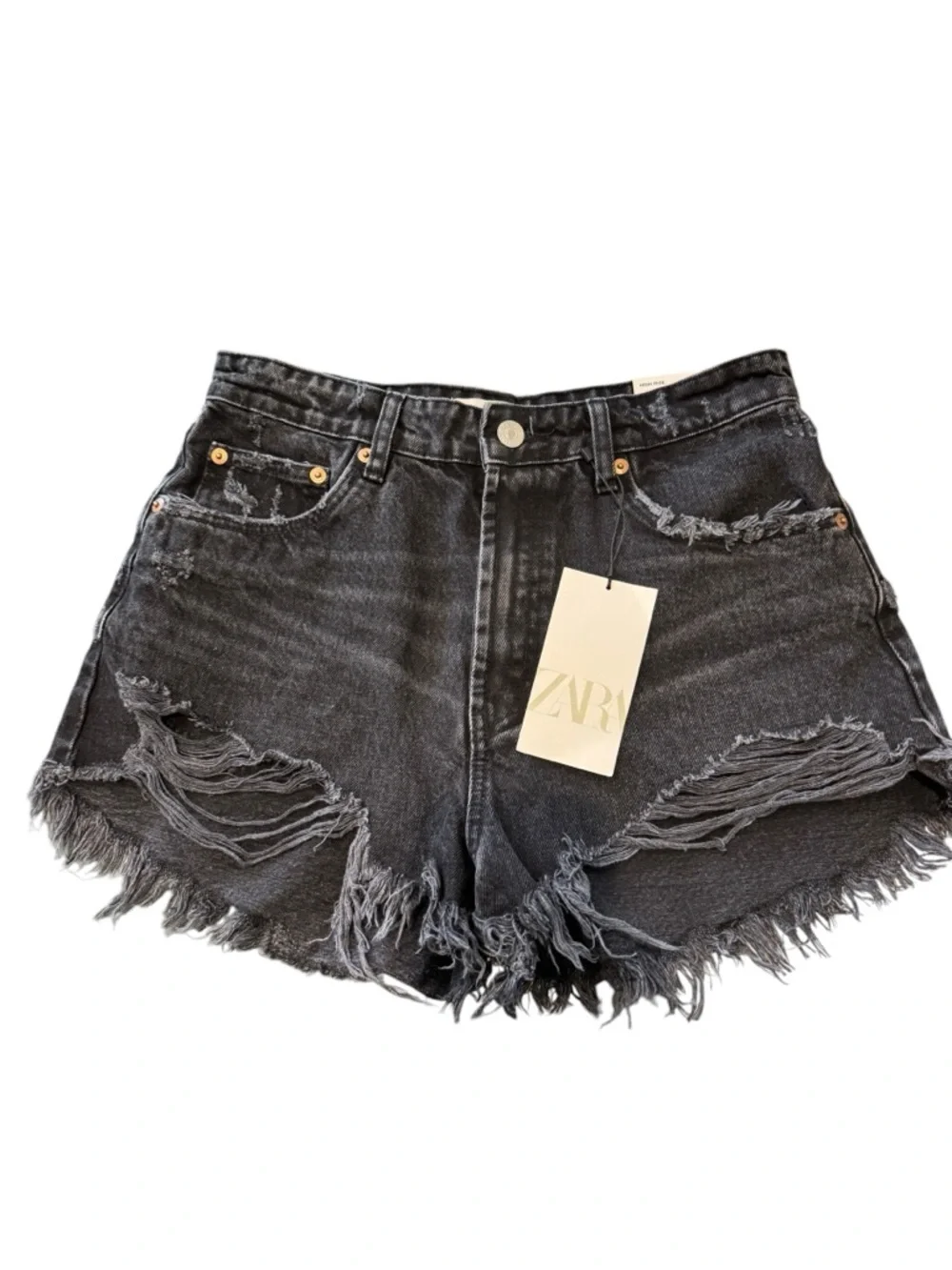 Zara Black Distressed Frayed Hem‎ Denim Shorts